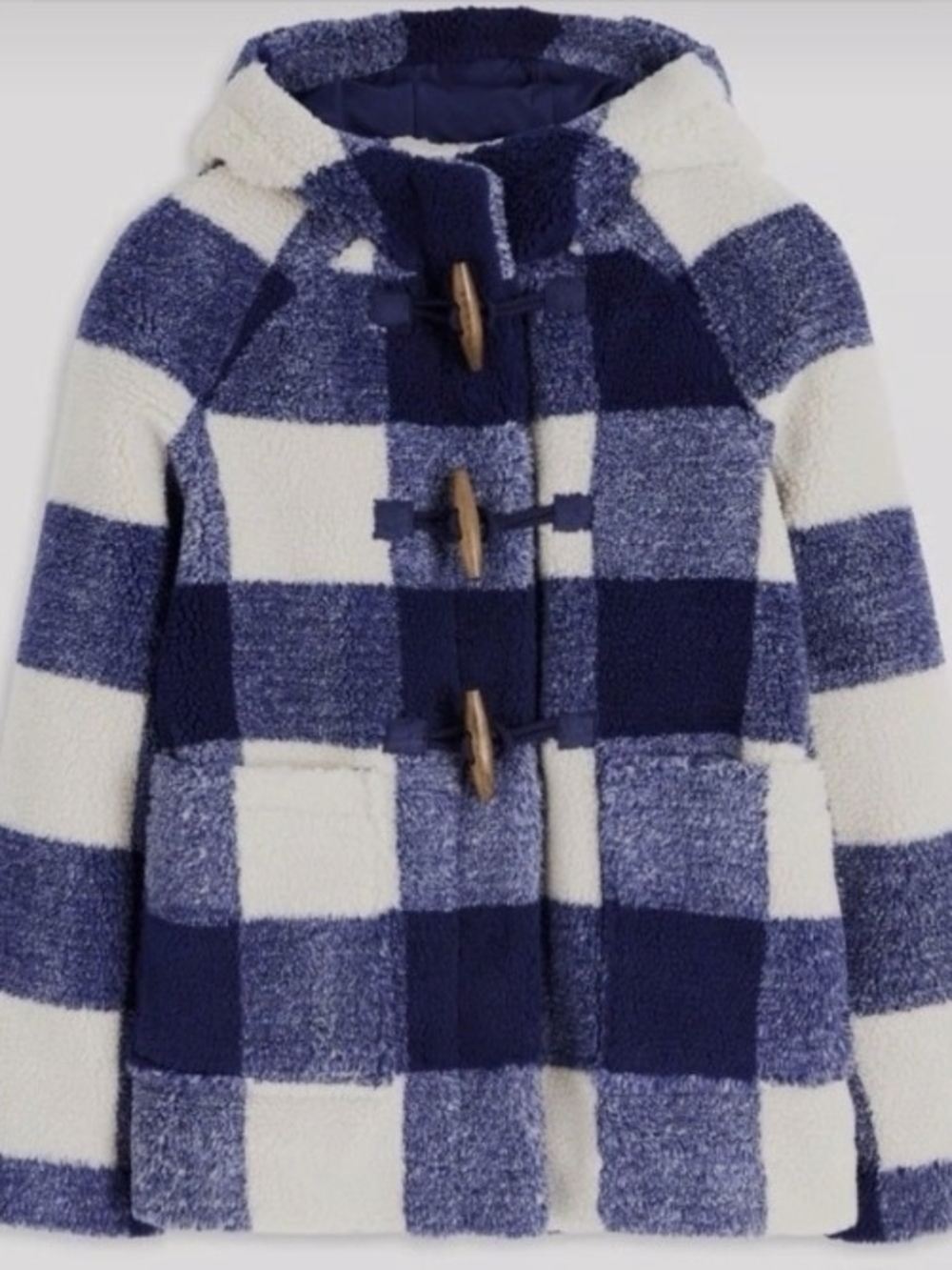 Boden Kids Navy & Cream Plaid Hooded Toggle Pea Coat NEW WITH TAGS